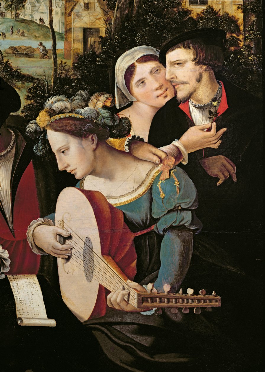 Scéna Galante u brány Paříže, detail páru a hráče na loutnu (detail 216104) od Flemish School