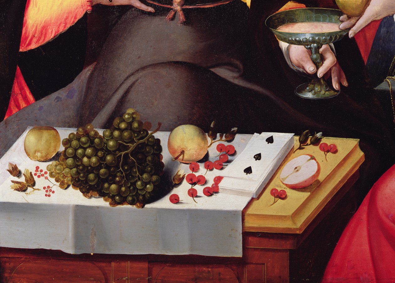 Scéna Galante u brány Paříže, detail ovoce, hracích karet a poháru (detail 216104) od Flemish School