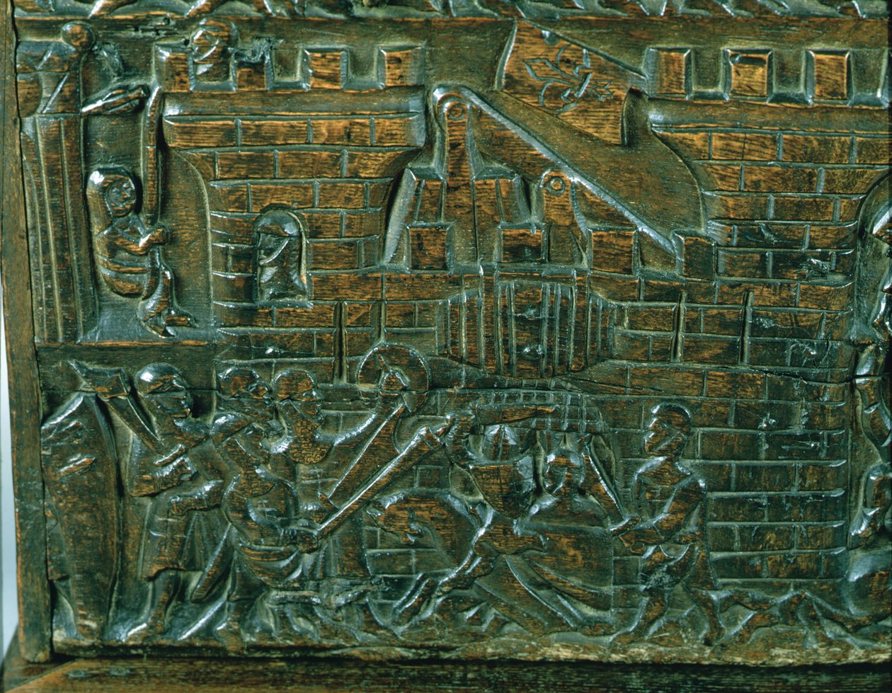 Truhla Courtrai zobrazující útok posádky Courtrai během bitvy o Zlaté ostruhy, bojované v Courtrai v roce 1302 (dřevo) (detail) od Flemish School