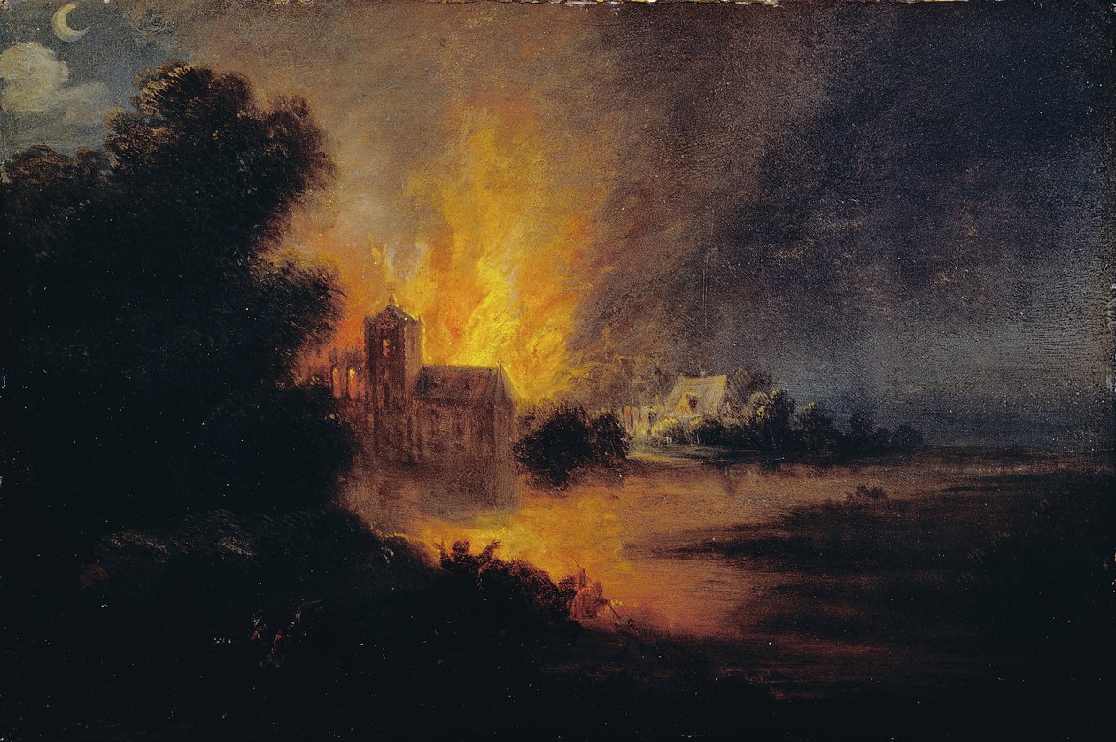 Hořící vesnice od Flemish or Dutch