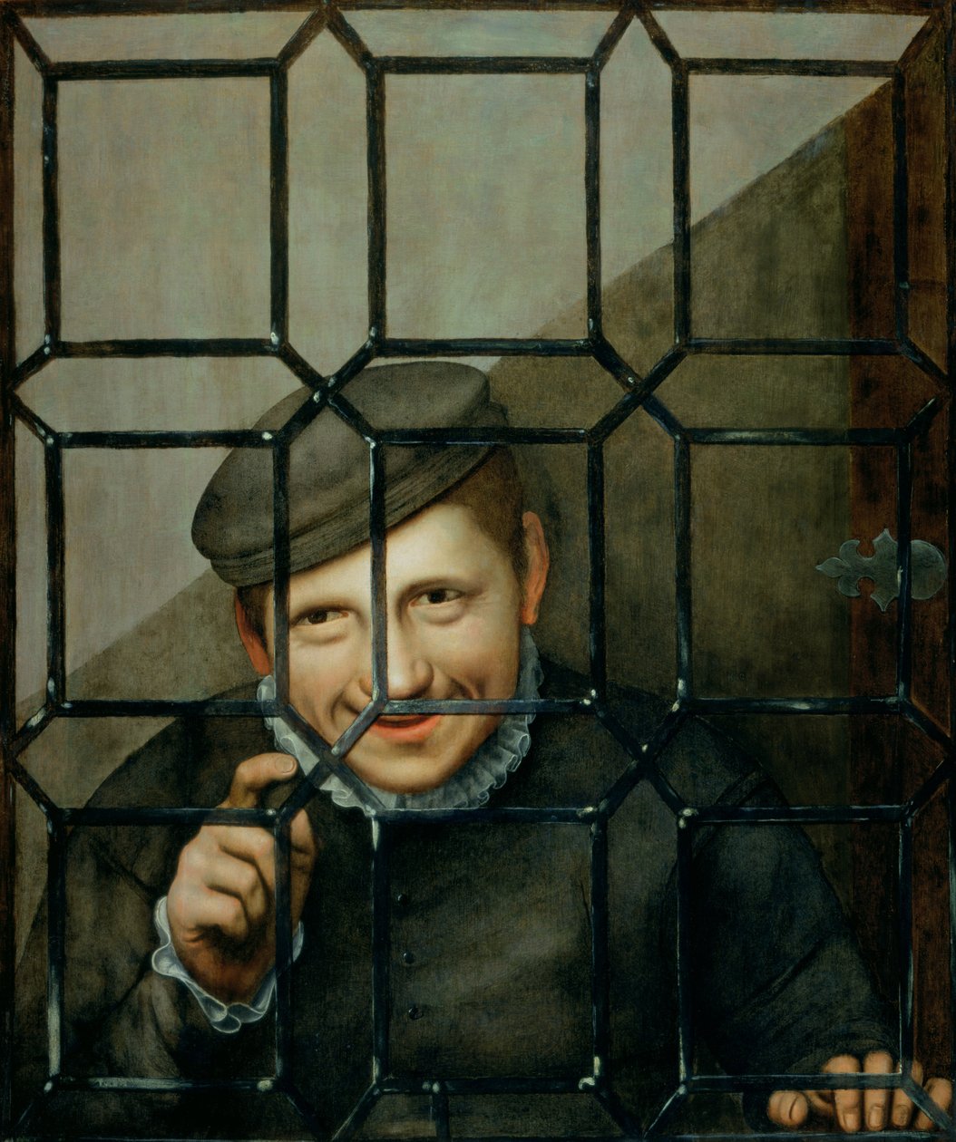 Chlapec se dívá skrz okenní křídlo od Flemish School