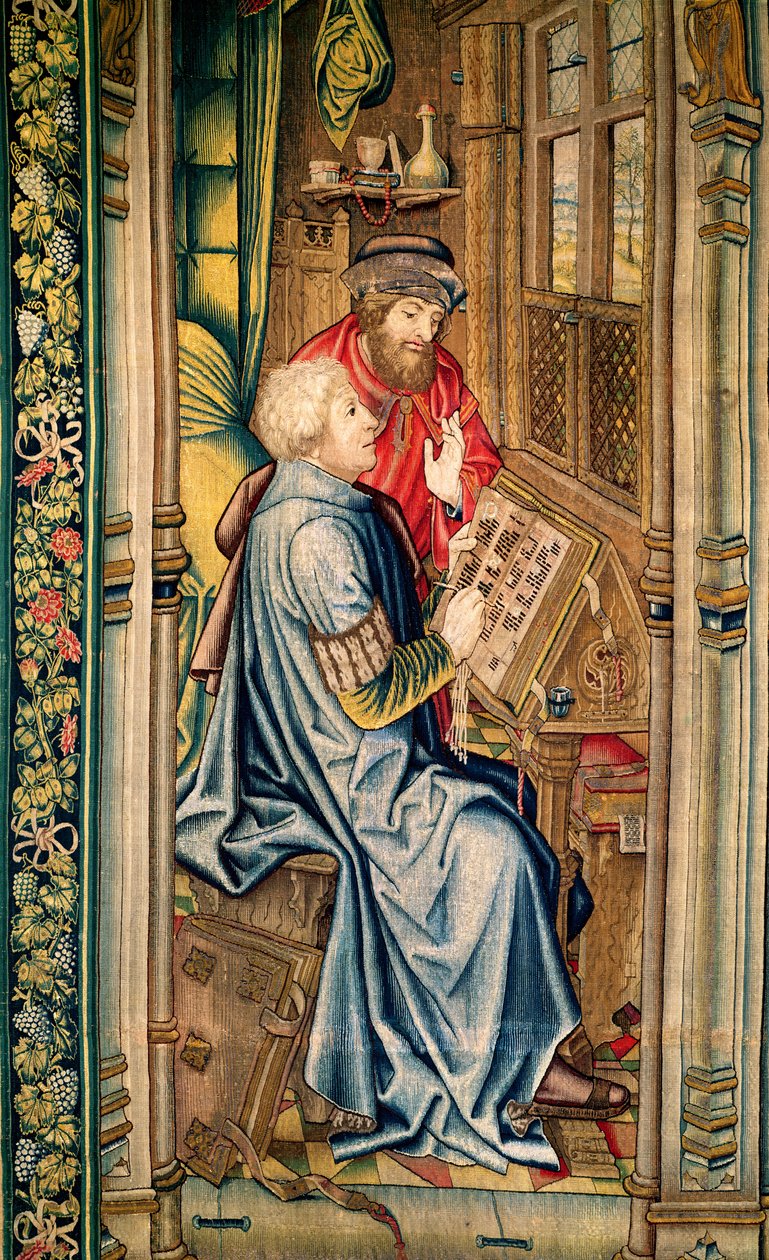 Písař, který píše účet, detail z Převozu archy úmluvy, z tapisérie Davida a Batšeby, kolem 1510-15 od Flemish School