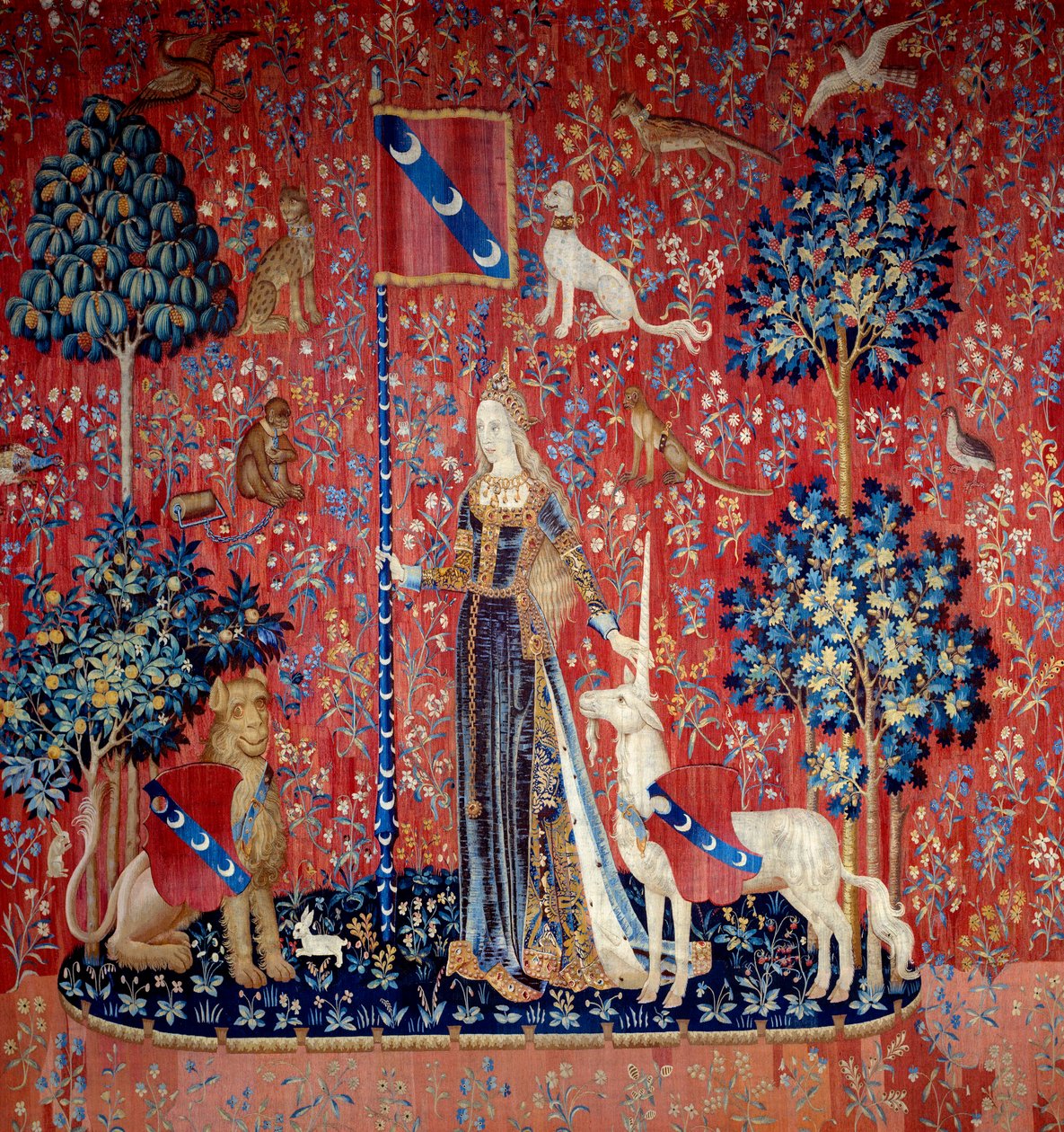Mladá žena obklopená lvem, jednorožcem, opicí, králíky) - Vlněná a hedvábná tapiserie z let 1484 až 1500, ze zámku Boussac, Creuse. Ne. 3,7x4,7 m - Paříž, Musée national du Moyen Ages, Thermes de Cluny - Alegorie doteku (Le Touch od Flemish School