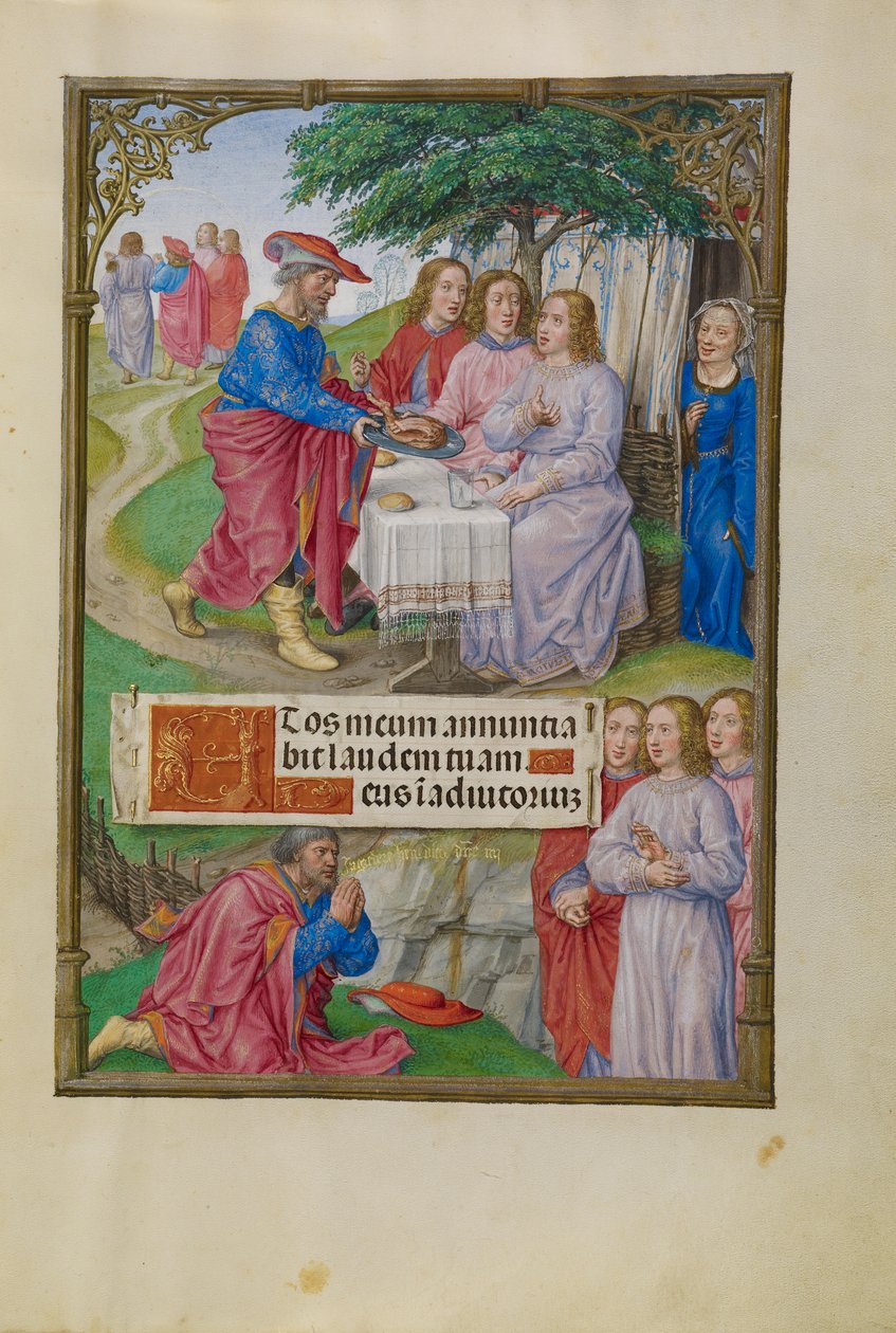 Abraham a tři andělé, kolem 1510-20 (tempera, zlato a inkoust na pergamenu) od Flemish School