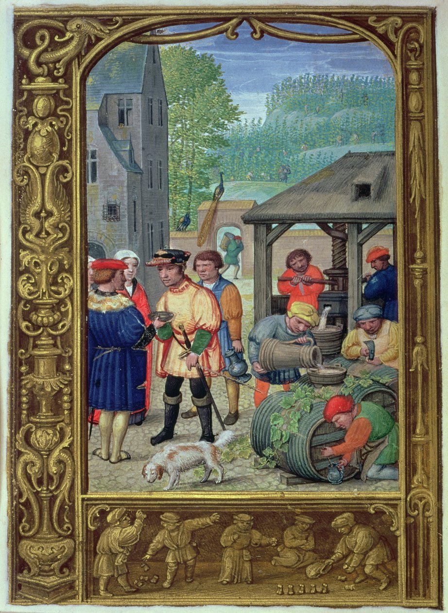 Přidat 24098 f.27v October: Wine harvest, from Book of Hours, or the Golf Book, c.1520-30 (vellum) od Flemish School