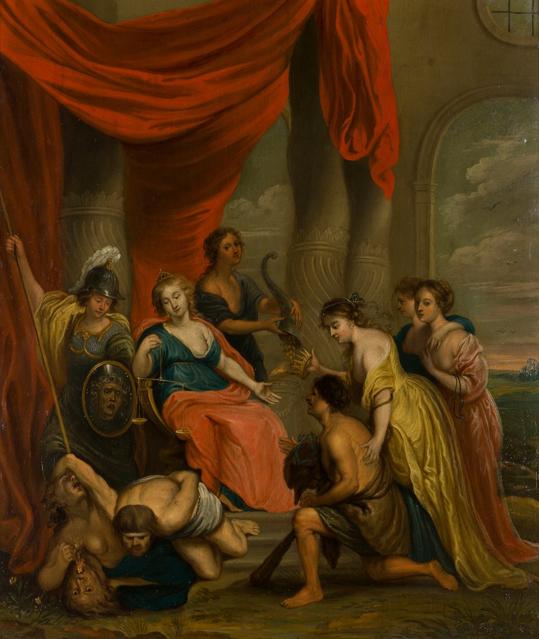 Alegorický obraz spravedlnosti, cca 1630-1700 (olej na mědi) od Flemish School