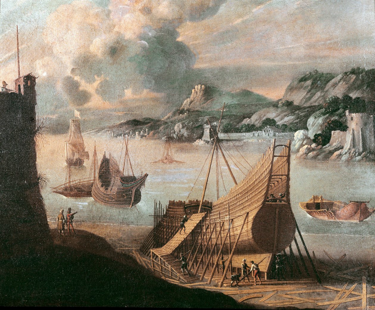 Stavba galeony v janovské loděnici (malba od Flemish School