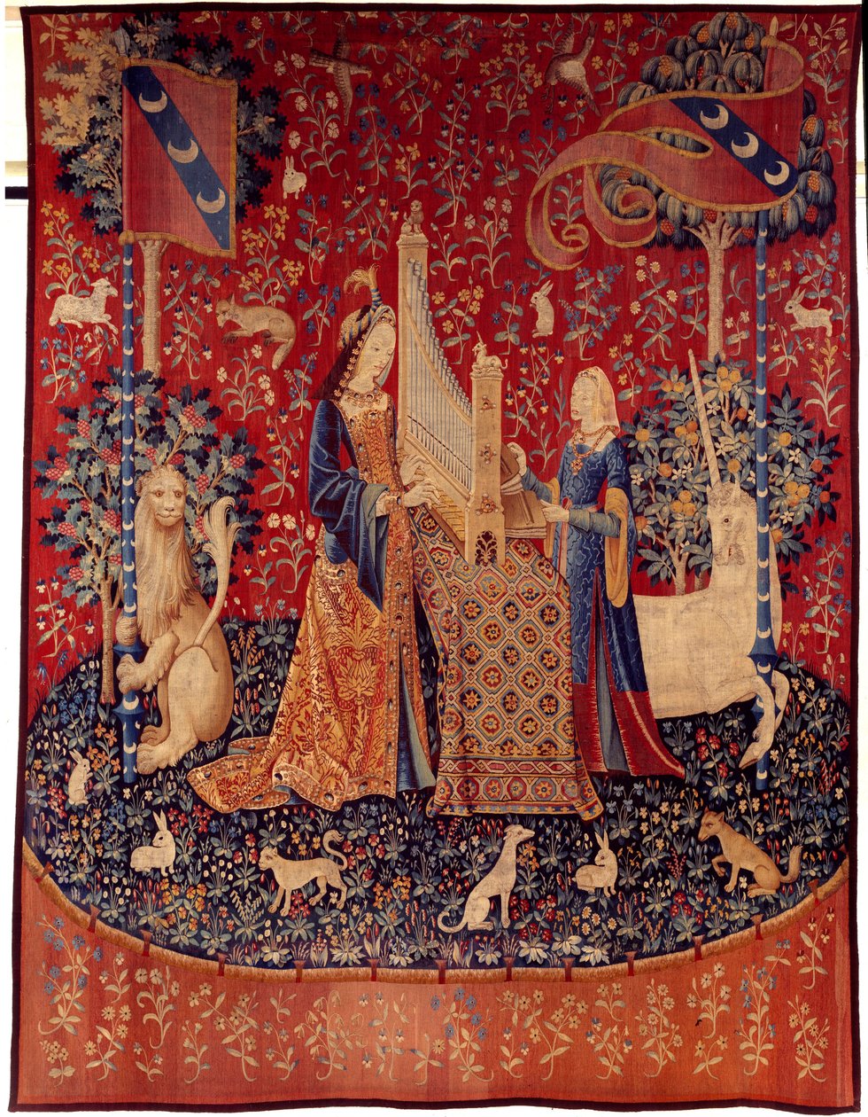 Curtain of the Lady of the Unicorn (Lady of the Unicorn): sluch. Vlněný a hedvábný gobelín vyrobený v letech 1484 až 1500. Ze zámku Boussac, Creuse. Ztlumit. 3,7x4,7m. Paříž, Národní muzeum středověku, Thermes de Cluny od Flemish School