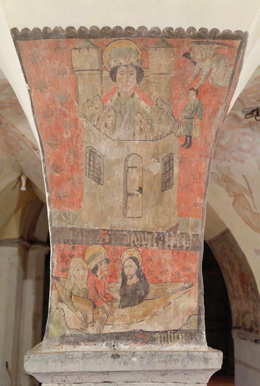 Daniel v jámě lvů, pod obrazem svatého Juliána, jeho manželky a Ježíše Krista, nástěnná malba z krypty, kolem 1480-1540 od Flemish School