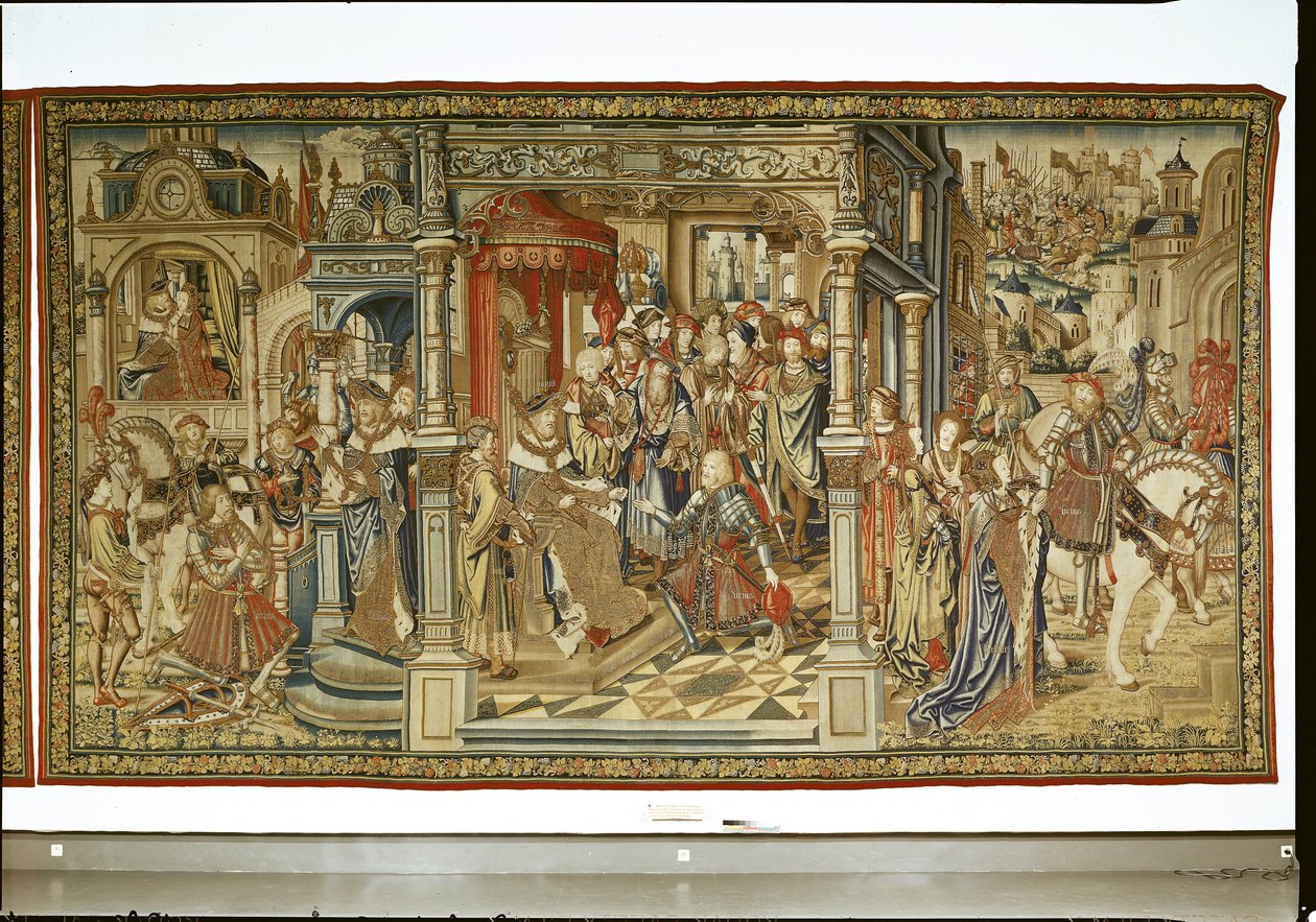 Davidovi synové Amnon a Absalom si navzájem vyhlašují válku, gobelín Davida a Batšeby, kolem 1510-15 od Flemish School