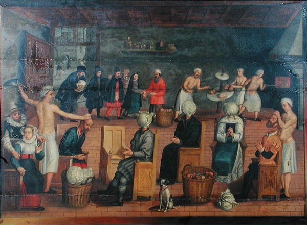 Dekapitace a nahrazení hlávek zelím: pečení hlav a nanášení make-upu (olej na plátně) od Flemish School