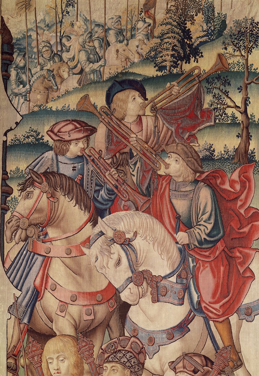 Detail trubačů na koni, z tapisérie Davida a Batšeby, 1510-15 od Flemish School