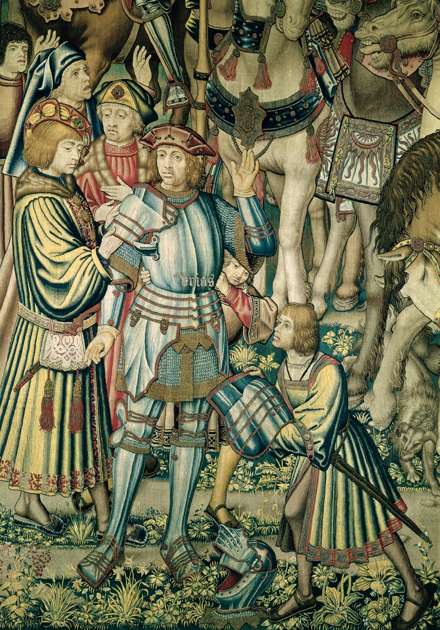 Detail ozbrojeného Urijáše Chetitského z obrazu Shromáždění jezdců, z tapiserie David a Batšeba, asi 1510-15 (viz také 98092) od Flemish School
