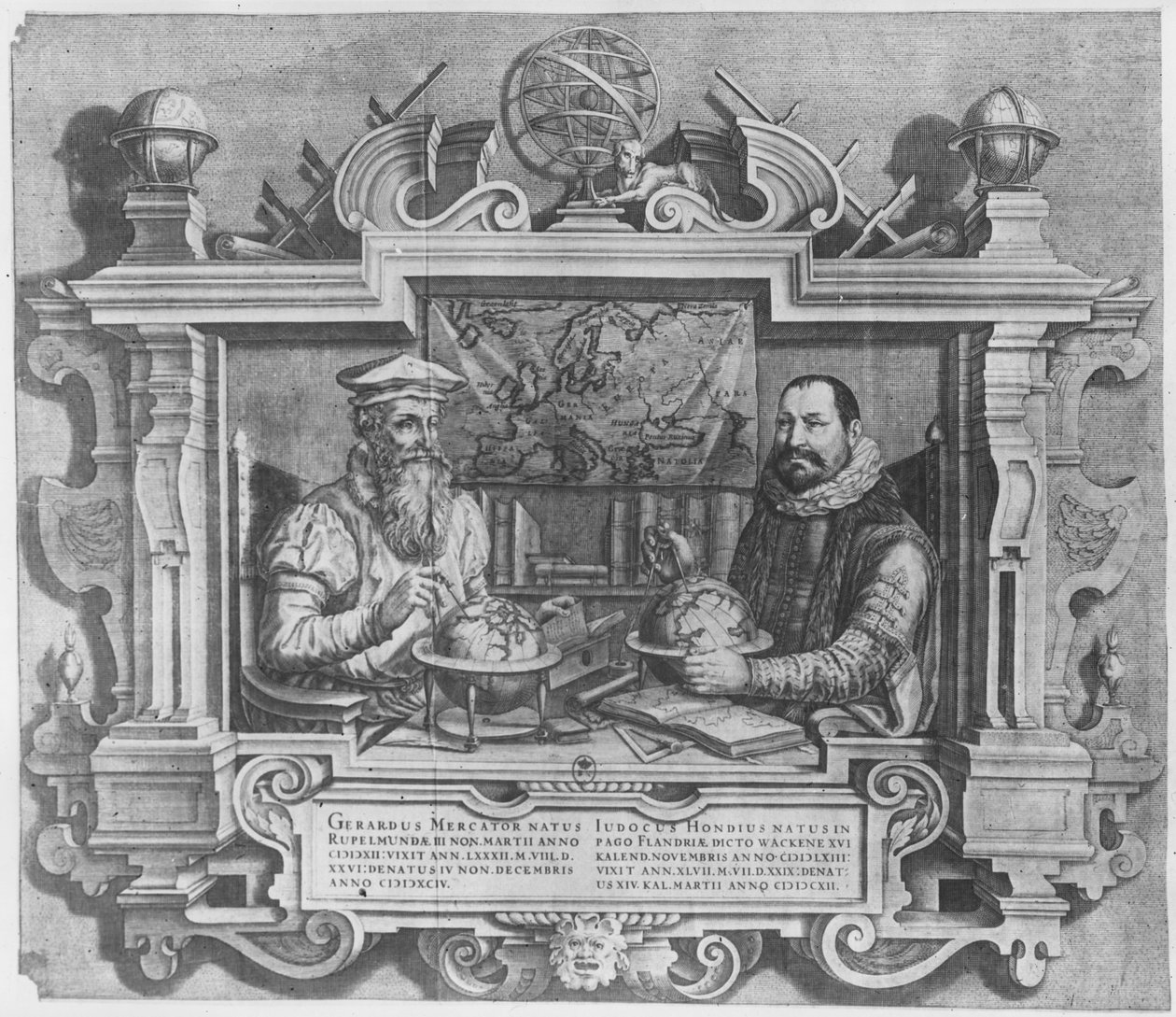 Dvojportrét Gerarda Mercatora (1512-94) a Jodocuse Hondia (1563-1612) vyrytý pro zařazení do série atlasů Mercator and Hondius, 1619 (viz také 10457 a 30866 od Flemish School