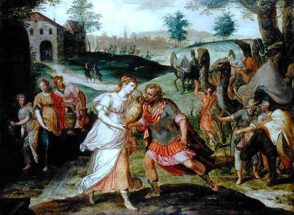 Eliezer a Rebecca u studny, cca 1580 (olej na panelu) od Flemish School