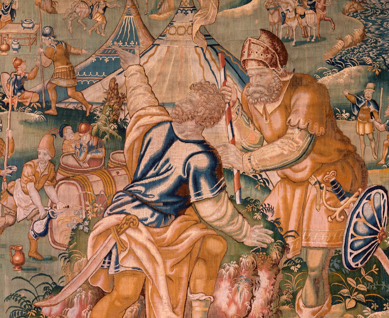 Vlámský gobelín. Vojenský tábor poblíž řeky Granikos. Ateliér Oudenaarde. Rozměry 377 x 393 cm. Inv 83104-9 /00011. 17. století. od Flemish School