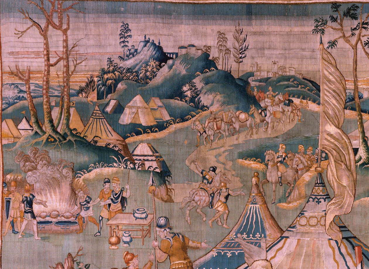 Vlámský gobelín. Vojenský tábor poblíž řeky Granikos. Ateliér Oudenaarde. Rozměry 377 x 393 cm. Inv 83104-9 /00011. 17. století. od Flemish School