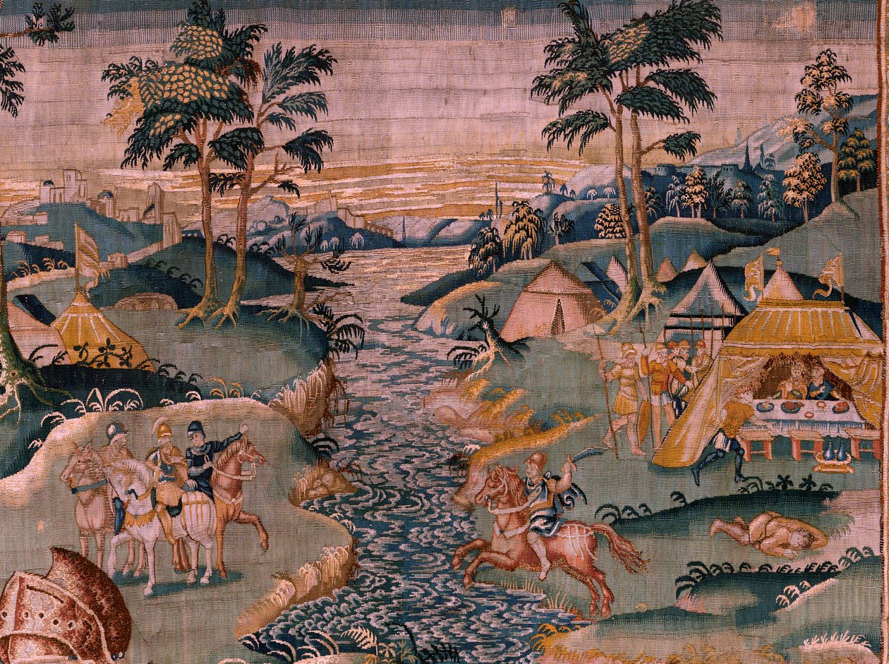 Vlámský gobelín. Vojenský tábor poblíž řeky Granikos. Ateliér Oudenaarde. Rozměry 377 x 393 cm. Inv 83104-9 /00011. 17. století. od Flemish School