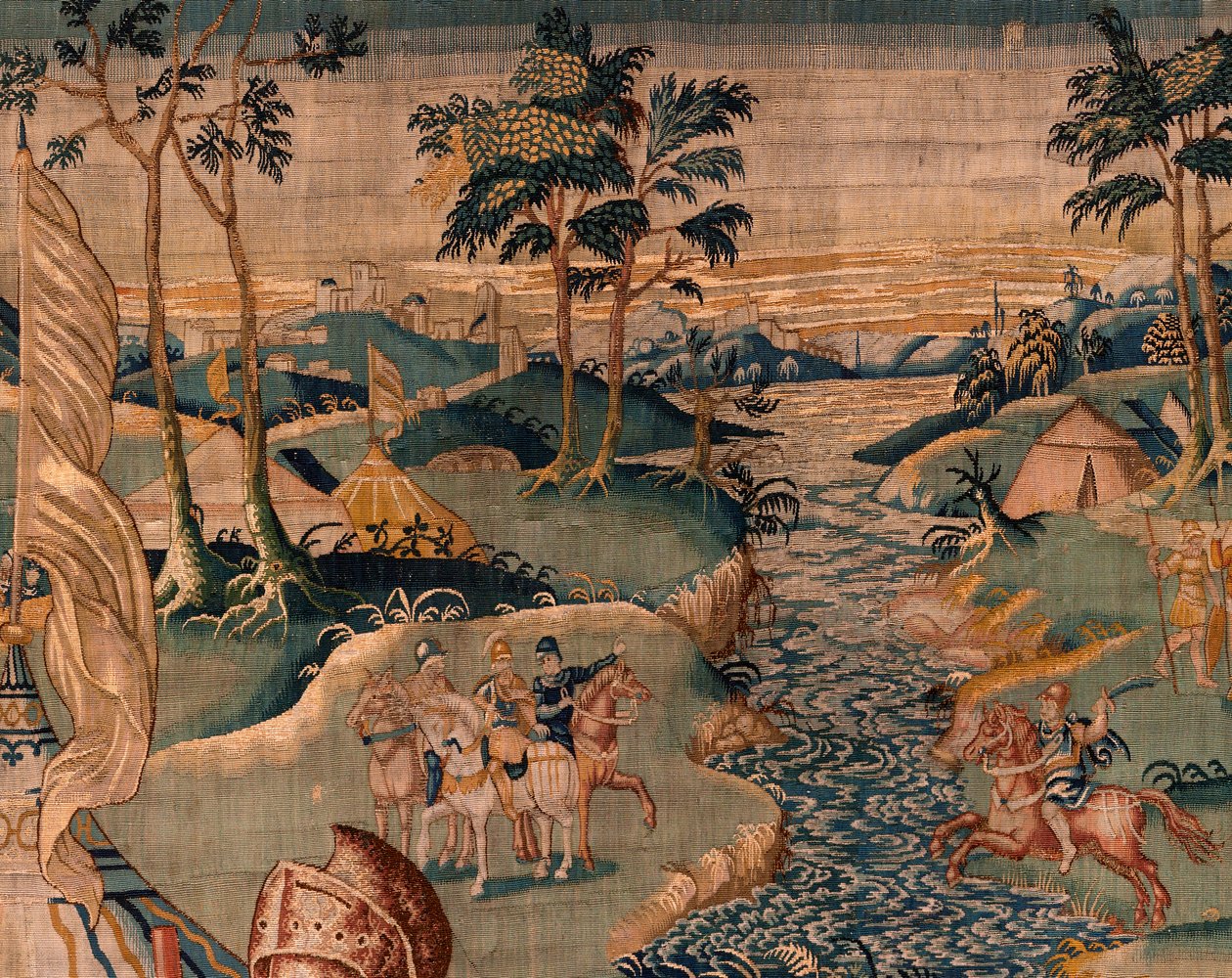 Vlámský gobelín. Vojenský tábor poblíž řeky Granikos. Ateliér Oudenaarde. Rozměry 377 x 393 cm. Inv 83104-9 /00011. 17. století. od Flemish School