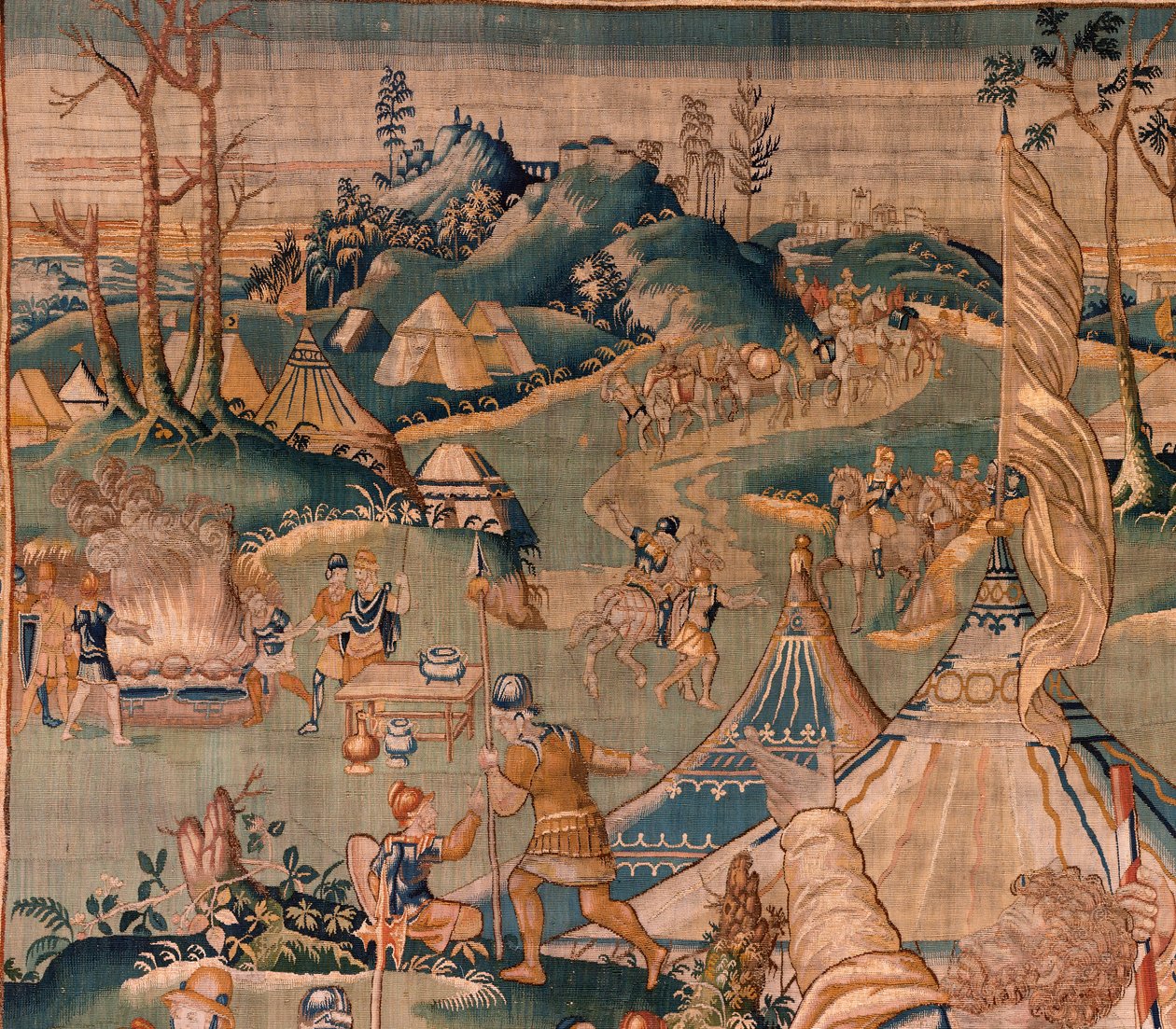 Vlámský gobelín. Vojenský tábor poblíž řeky Granikos. Ateliér Oudenaarde. Rozměry 377 x 393 cm. Inv 83104-9 /00011. 17. století. od Flemish School