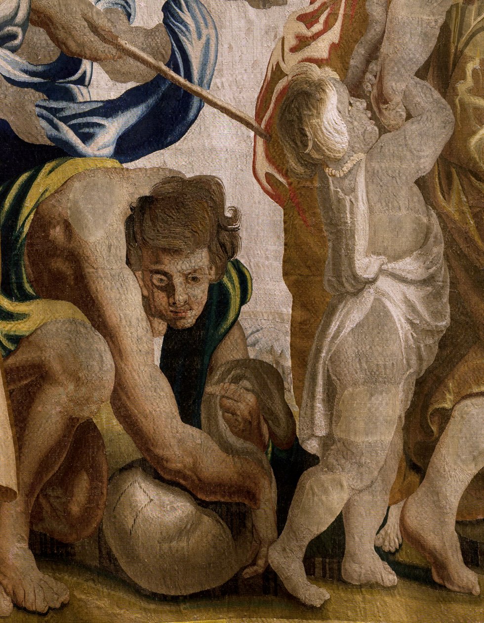 Vlámský gobelín. Řada Apoteóza eucharistie. Sklizeň manny (Recogida del mana). Model Cartoon zkopírovaný z originálu od Rubense. bruselská výroba. Výrobce Frans van den Hecke. Polovina 17. století. Tkanina Hedvábí a vlna, 7/8 osnovy na cm. od Flemish School