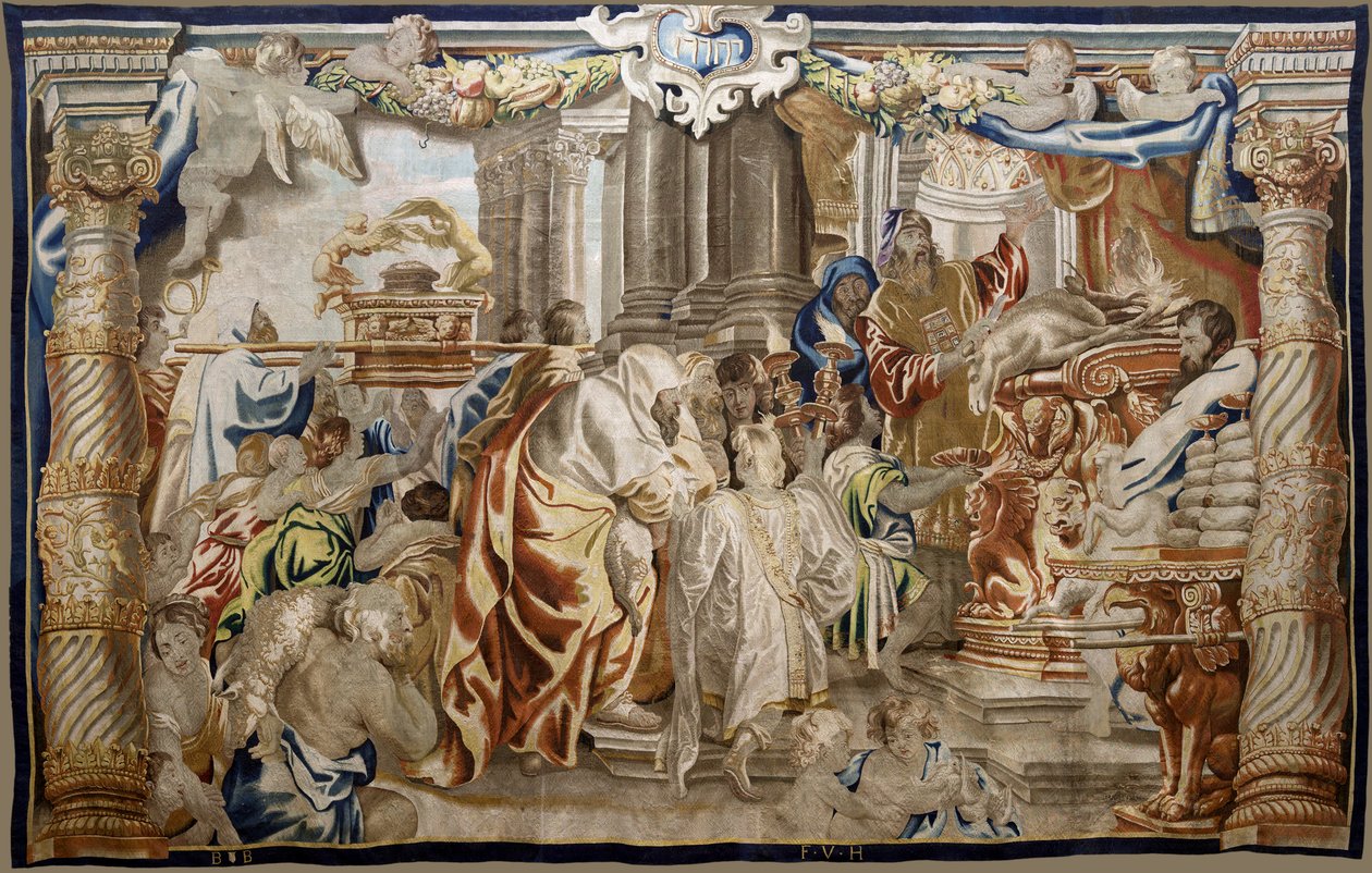 Vlámský gobelín. Řada Apoteóza eucharistie. Oběť mojžíšského zákona (Sacrificio de la Ley Mosaica). Model Cartoon zkopírovaný z originálu od Rubense. bruselská výroba. Výrobce Frans van den Hecke. Polovina 17. století. Tkanina Hedvábí a vlna, od Flemish School