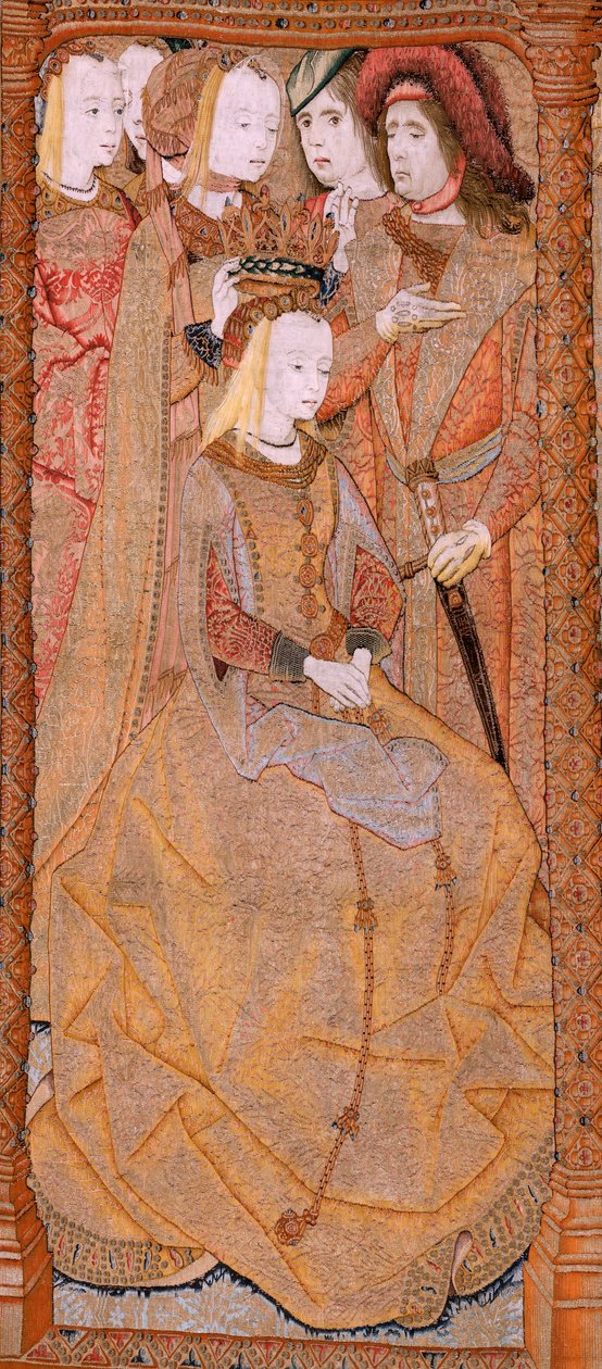 Vlámský gobelín. Série Pobožnost Panny Marie aneb Zlatá plátna. Korunovace Panny Marie (La Coronación de la Virgen). Čtvrtá tapisérie v sérii. Model karikaturista z okruhu Colyn de Coter. Výroba Pieter van Aelst, Brusel. Cca 1500-15 od Flemish School