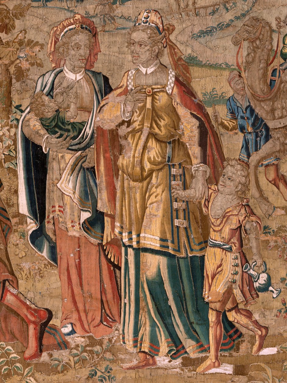 Vlámský gobelín. Řada Ezau a . Setkání Jákoba a Ezaua (Encuentro entre Jacob y Esaú). Třetí tapisérie v sérii. Výroba Nizozemsko, druhá polovina 16. století. Tkanina Vlna. Umístění Kostel svatého Mikuláše z Bari (otevřeno muzeum od Flemish School