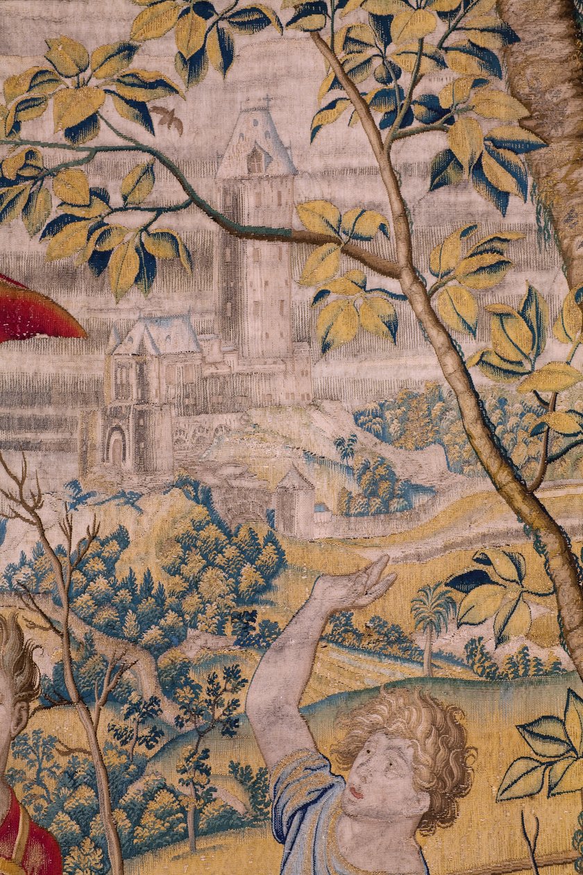 Vlámský gobelín. Seriál Fable of Ovidius: Loupež Ganymeda. Ateliér Willem de Pannemaker, Brusel. Před rokem 1556. Detail. od Flemish School