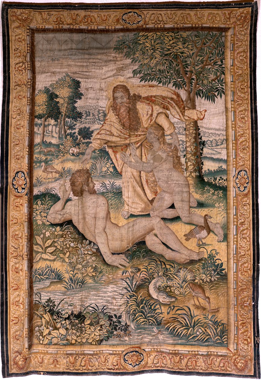 Vlámský gobelín. Seriál Genesis aneb The Creation Man. Bůh vytváří ženu a představuje ji Adamovi (Dios crea a la mujer y la presenta a Adán). Model založený na Michiel Coxcie. Výroba Jan Aerst v Bruselu. Cca 1630. Látka Hedvábí a vlna. od Flemish School