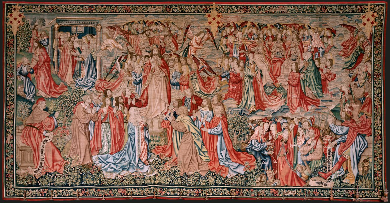 Vlámský gobelín. Seriál Lidské vykoupení aneb Neřesti a ctnosti. Kristus vystupuje do nebe a člověk je vykoupen před Bohem (Cristo asciende al Cielo y el Hombre se redime ante Dios). Devátá tapisérie v sérii (čtvrtá z těch, které se uchovávají v Palencii). od Flemish School