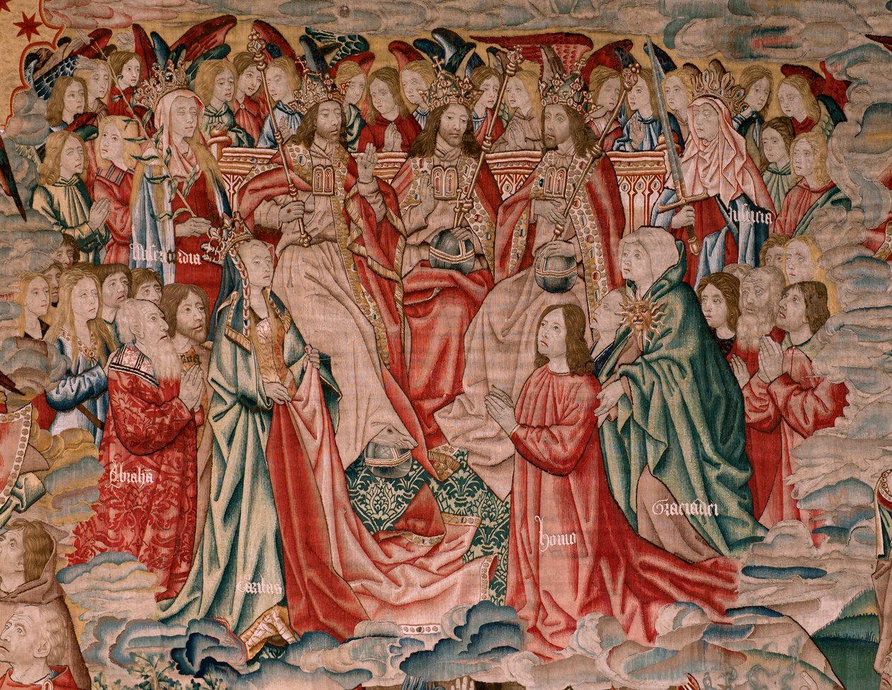 Vlámský gobelín. Seriál Lidské vykoupení aneb Neřesti a ctnosti. Kristus vystupuje do nebe a člověk je vykoupen před Bohem (Cristo asciende al Cielo y el Hombre se redime ante Dios). Devátá tapisérie v sérii (čtvrtá z těch, které se uchovávají v Palencii). od Flemish School