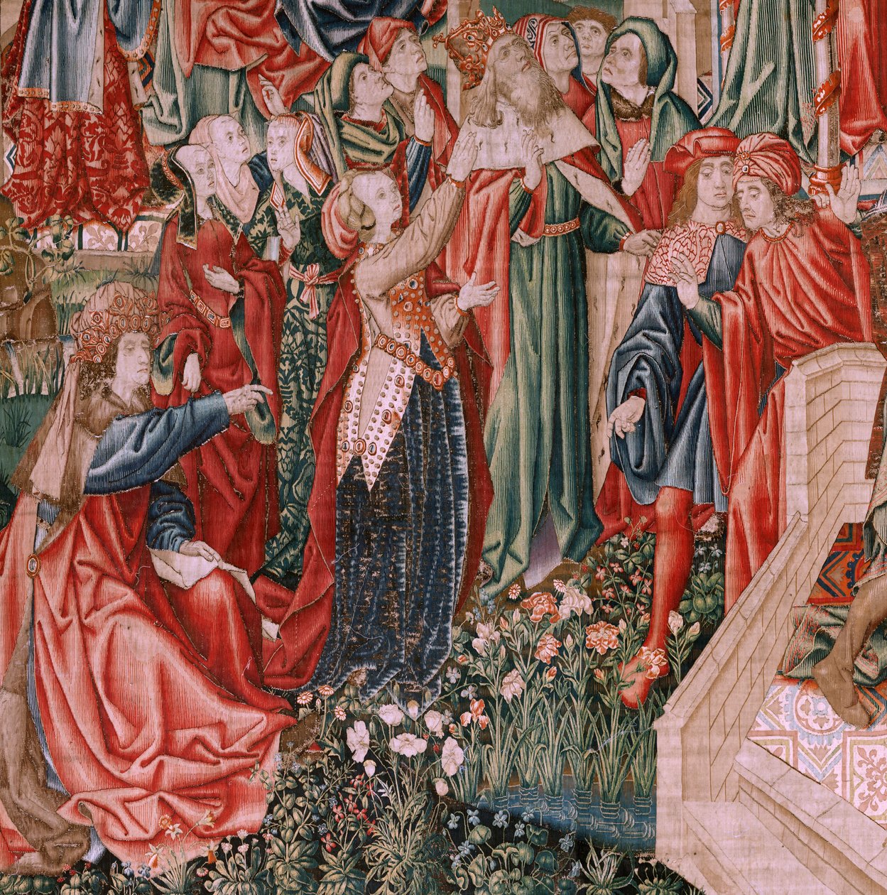Vlámský gobelín. Seriál Lidské vykoupení aneb Neřesti a ctnosti. Kristus Spasitel jako dítě (Cristo Salvador jako Niño). Pátá tapisérie v sérii (druhá z těch, které jsou uloženy v Palencii). bruselská výroba, dílna. Ca 1510. Rozměr 425 x 800 cm. Tkanina od Flemish School