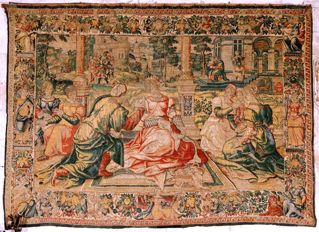 Vlámský gobelín. Seriál Mark Anthony a Kleopatra. Kleopatra a její dvůr (Cleopatra en su corte). Model Cartoon připisovaný Pieteru Coecke van Aelstovi. Výroba Brusel(?). Druhá polovina 16. století. Tkanina Hedvábí a vlna. Rozměr 310 x 435 cm. Původ od Flemish School