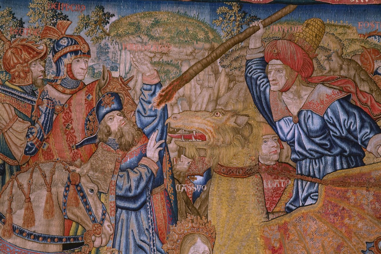 Vlámský gobelín. Série Morality: Ctnost vyznamenání (De deugd van de Honores, Ctnost vyznamenání). Cca 1520. Detail od Flemish School