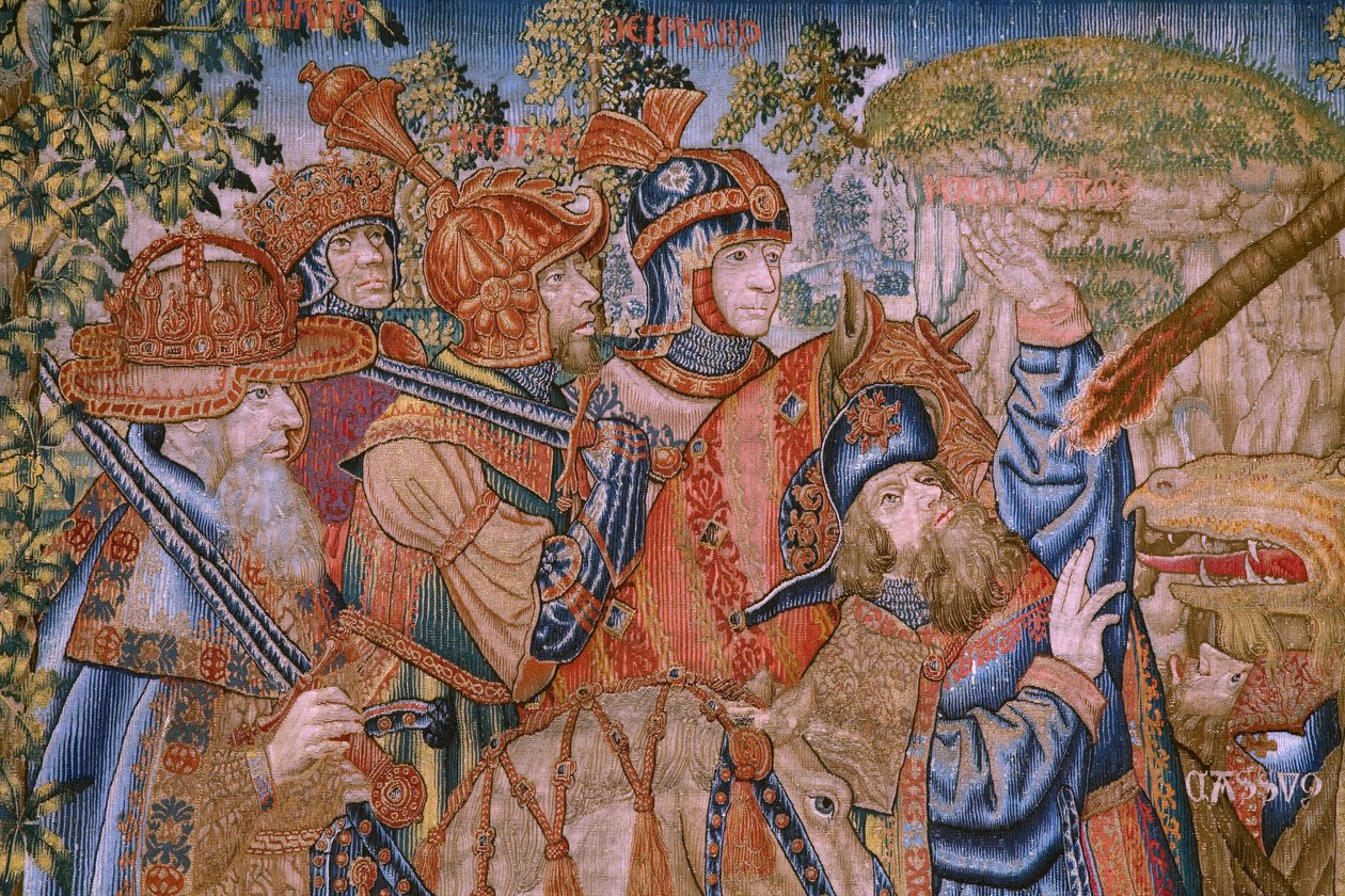 Vlámský gobelín. Seriál Morality: Ctnost vyznamenání (De deugd van de Honores, Ctnost vyznamenání). Cca 1520. Detail od Flemish School