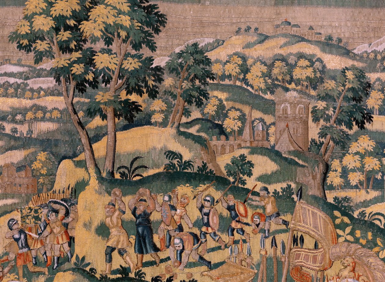 Vlámský gobelín. Seriál Příběh Cyruse. Ne VI Tomyris nařizuje ponořit hlavu Kýra do nádoby s krví (Tomiris manda sumergir la cabeza de Ciro en un recipiente lleno de sangre). Anonymní, založené na Michiel Coxcie. Ateliér Antverpy. Hedvábí a woo od Flemish School