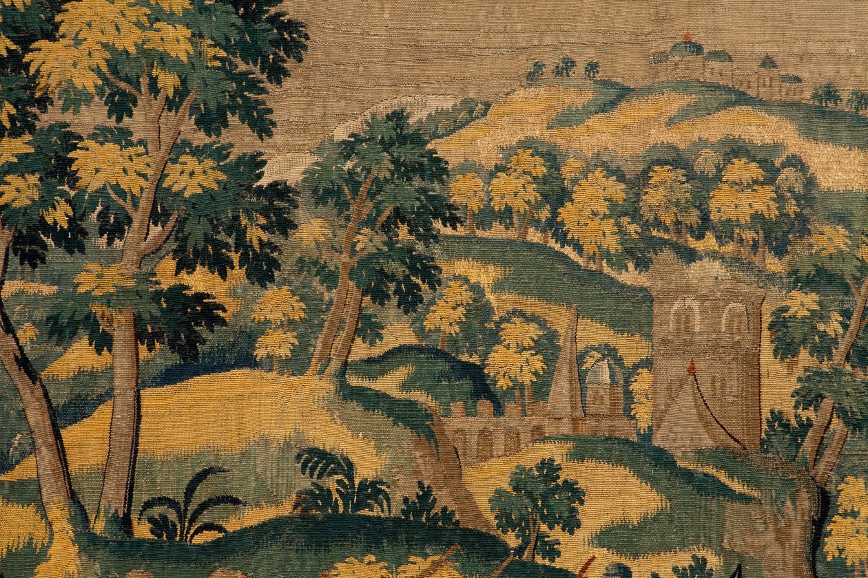Vlámský gobelín. Seriál Příběh Cyruse. Ne VI Tomyris nařizuje ponořit hlavu Kýra do nádoby s krví (Tomiris manda sumergir la cabeza de Ciro en un recipiente lleno de sangre). Anonymní, založené na Michiel Coxcie. Ateliér Antverpy. Hedvábí a woo od Flemish School