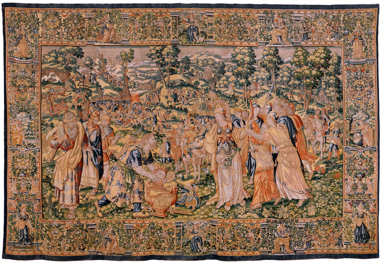 Vlámský gobelín. Seriál Příběh Cyruse. Ne VI Tomyris nařizuje ponořit hlavu Kýra do nádoby s krví (Tomiris manda sumergir la cabeza de Ciro en un recipiente lleno de sangre). Anonymní, založené na Michiel Coxcie. Ateliér Antverpy. Hedvábí a woo od Flemish School