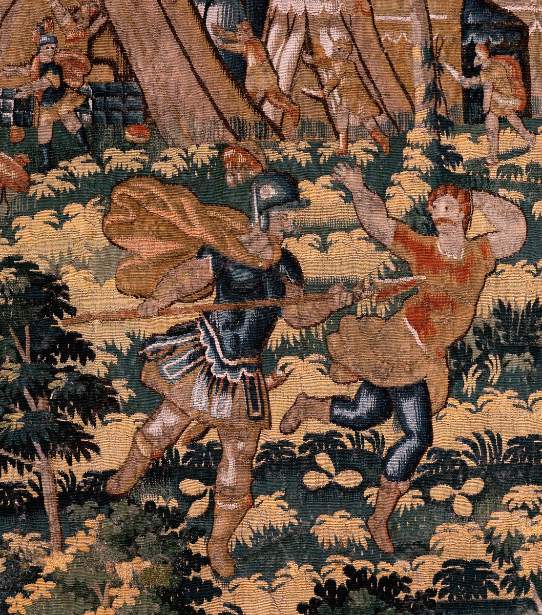 Vlámský gobelín. Seriál Příběh Cyruse. No V Boj mezi dvěma válečníky a smrt Cyruse (Combate de dos guerreros y muerte de Ciro). Anonymní, založené na Michiel Coxcie. Ateliér Antverpy. Hedvábí a vlna. Cca 1590. od Flemish School