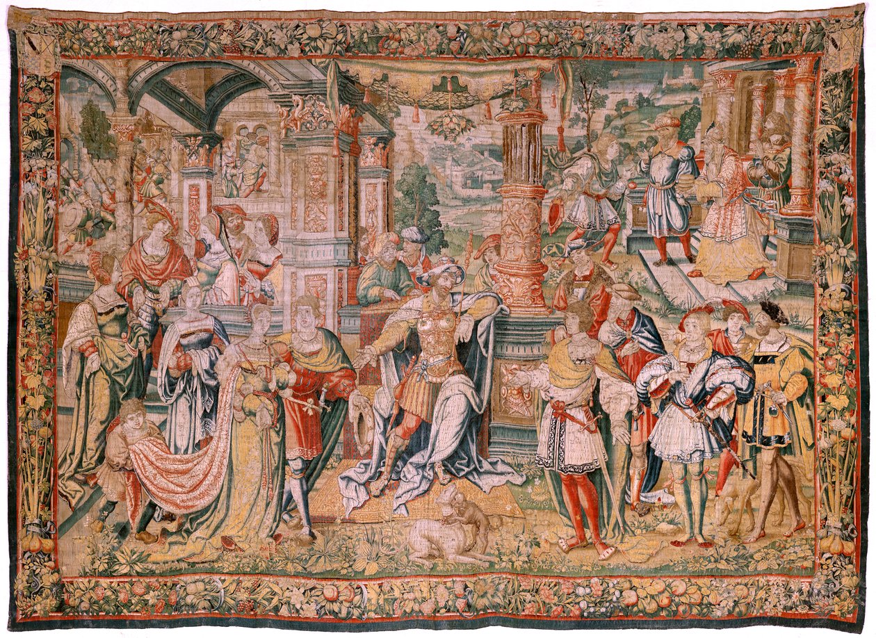 Vlámský gobelín. Seriál Příběh Davida. David před Saulem (David ante Saúl). Model od Bernarda van Orleyho. Výroba Brusel. Ca1525. Tkanina Hedvábí a vlna. Rozměr 560 x 410 cm. Umístění Katedrála Burgos. Původ Odkaz katedrále v roce 1535 od kard od Flemish School
