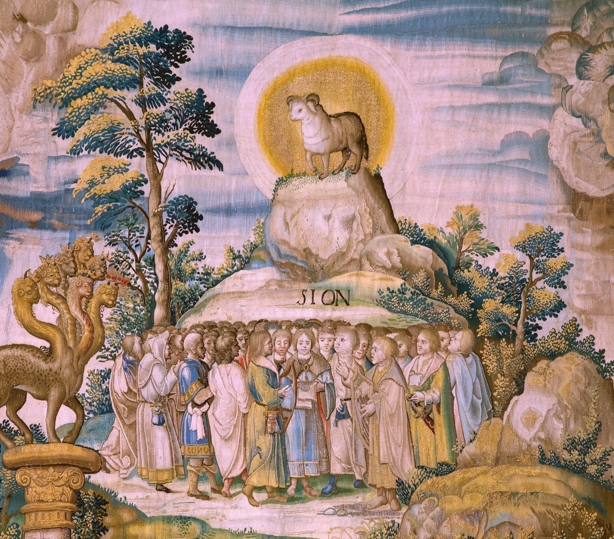 Vlámský gobelín. Seriál Apokalypsa: Svatý Michael porazil draka. Ateliér Willem Dermoyen, Brusel. Přibližně 1553-1555. Detail. od Flemish School