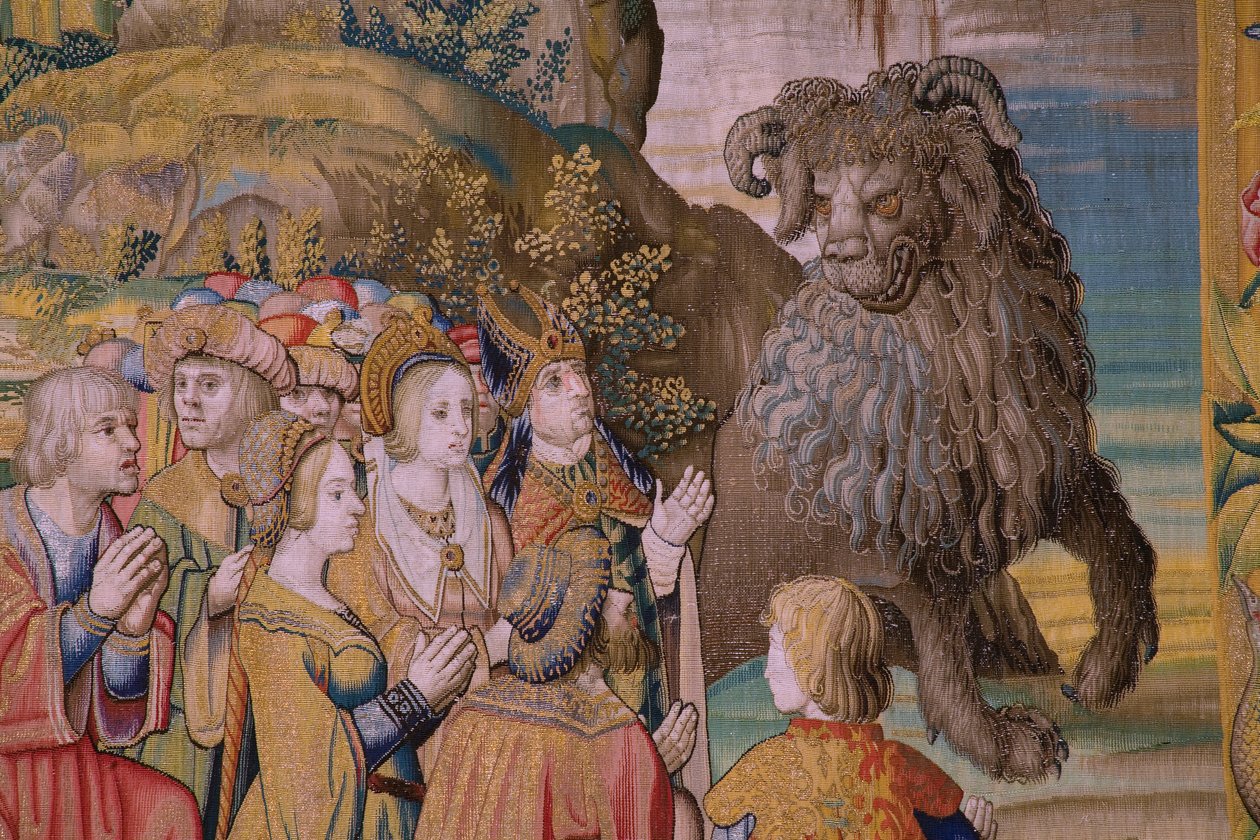 Vlámský gobelín. Seriál Apokalypsa: Svatý Michael porazil draka. Ateliér Willem Dermoyen, Brusel. Přibližně 1553-1555. Detail. od Flemish School