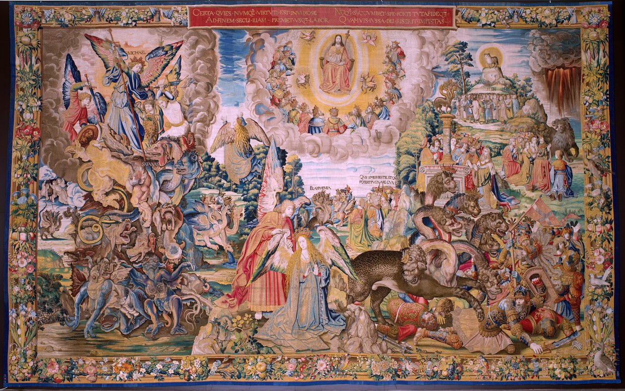 Vlámský gobelín. Seriál Apokalypsa: Svatý Michael porazil draka. Ateliér Willem Dermoyen, Brusel. Přibližně 1553-1555. od Flemish School