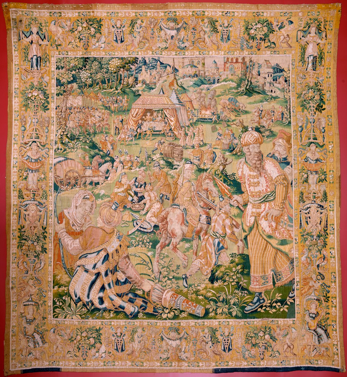 Vlámský gobelín. Série: Kniha Juditina. Holofernesův banket (El banquete de Holofernes). Šestá tapisérie v sérii. Výroba: Nizozemsko, Brusel(?). Druhá polovina 16. století. Tkanina: Vlna. Místo: Kostel svatého Mikuláše z Bari (m od Flemish School