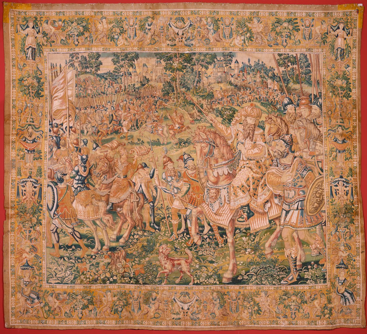 Vlámský gobelín. Série Kniha Judita. Nabukadnezarova armáda (El ejército de Nabucodonosor). První tapisérie v sérii. Výroba Nizozemsko, Brusel?, druhá polovina 16. století. Tkanina Vlna. Umístění Kostel svatého Mikuláše z Bari (mu od Flemish School