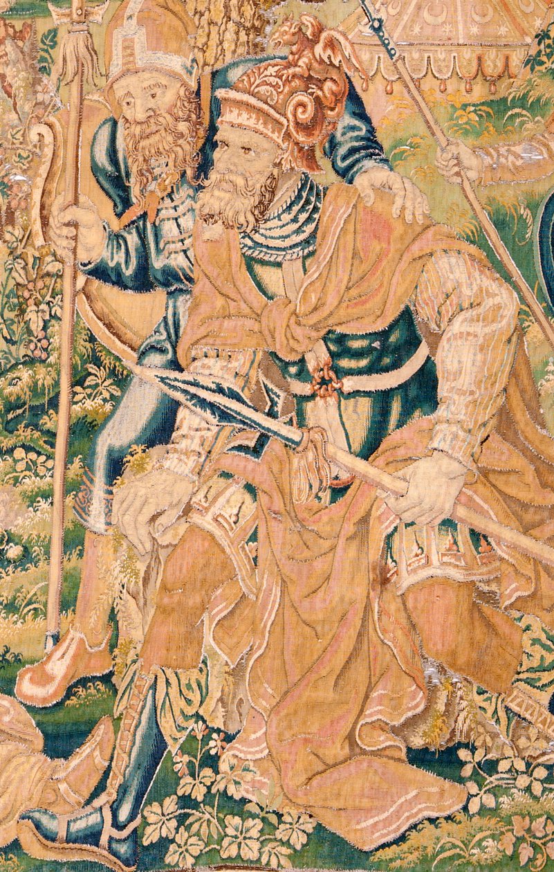 Vlámský gobelín. Série Kniha Judita. Stětí hlavy Holoferna (La decapitación de Holofernes). Sedmá tapisérie v sérii. Výroba Nizozemsko, Brusel(?). Druhá polovina 16. století. Tkanina Vlna. Umístění Kostel svatého Mikuláše od Flemish School