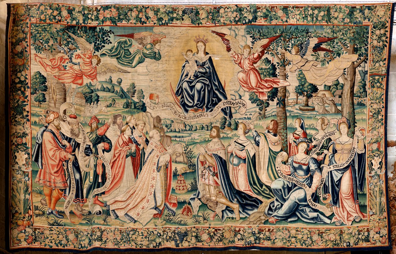 Vlámský gobelín. Seriál The Hail. Salve Regina. Výroba bruselských dílen, možná výroba Marca Crétifa. Ca 1528. Rozměr 412 x 652 cm. Tkanina Hedvábí a vlna. Umístění Katedrála v Palencii. Původ Odkaz biskupa Fonseca v roce 1529. Na displa od Flemish School