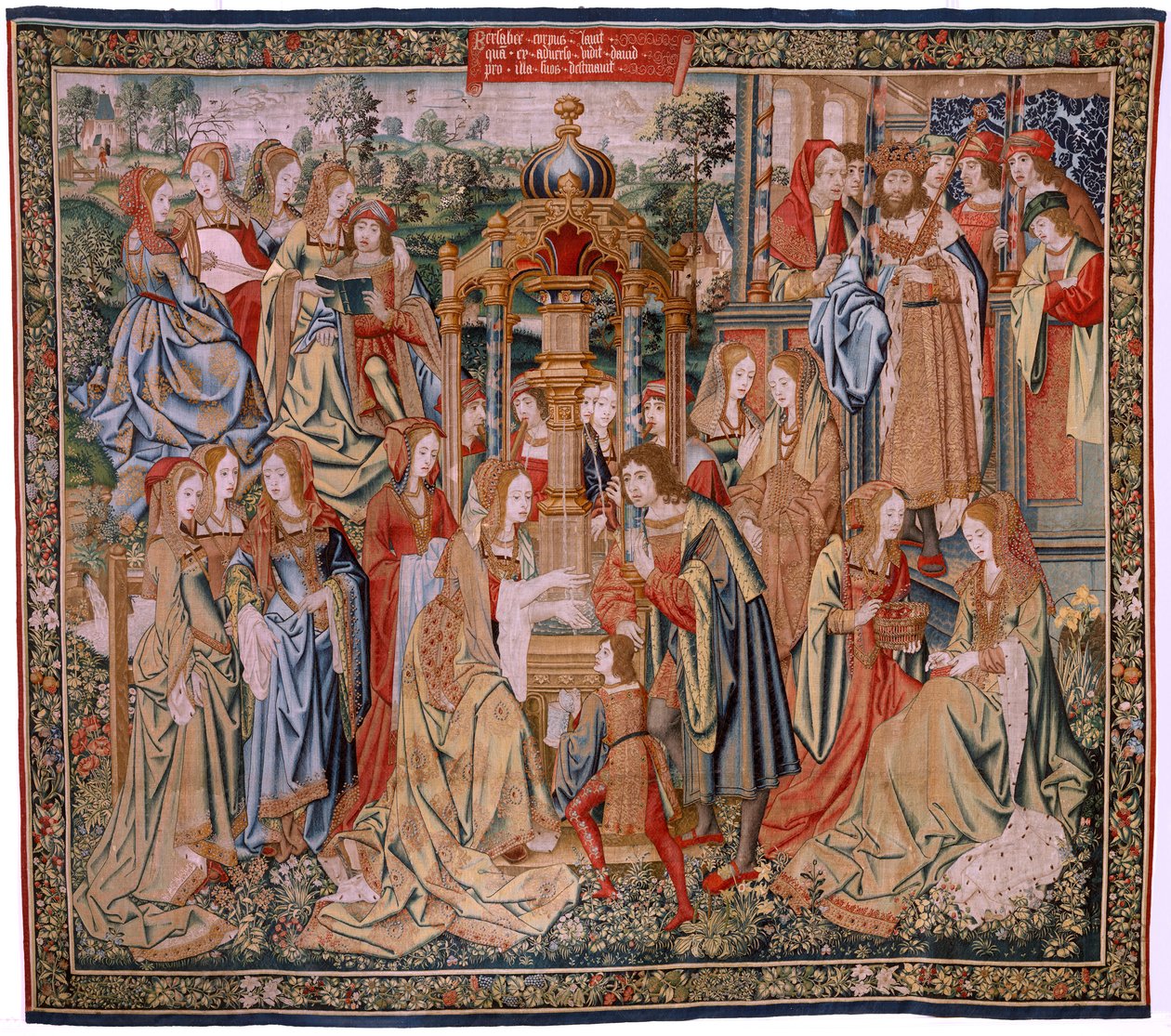 Vlámský gobelín. Seriál Historie Davida a Batšeby. Bathseba ve vaně (Betsabé en el baño sorprendida por David). První panel série. Anonymní model. Neznámá výroba, Brusel od Flemish School