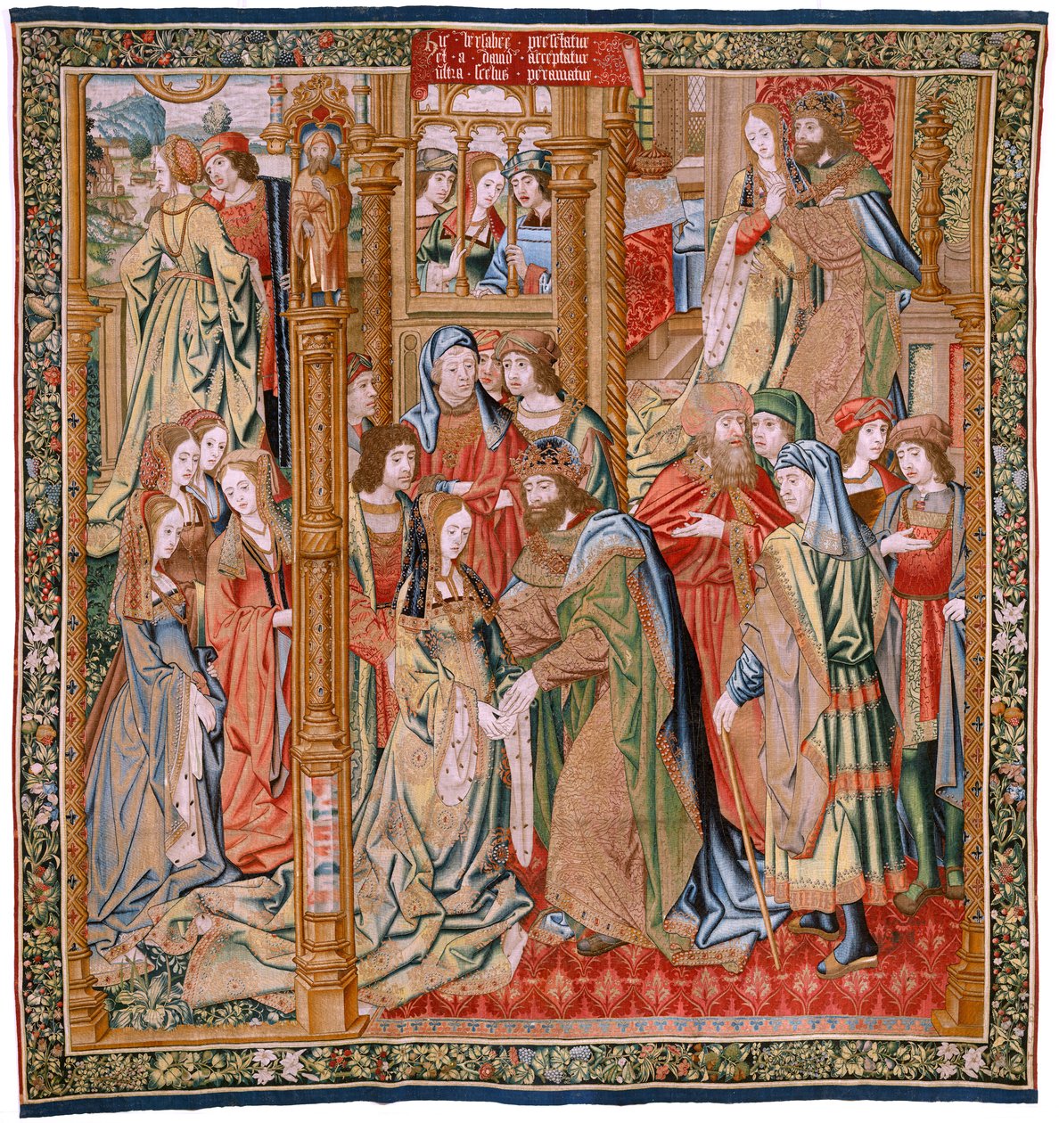 Vlámský gobelín. Seriál Historie Davida a Batšeby. Manželství Davida a Batsheby (Casamiento de David y Betsabé). Druhý panel série. Anonymní model. Neznámá výroba, Brusel. 1505. Látka Zlato, hedvábí a vlna. od Flemish School